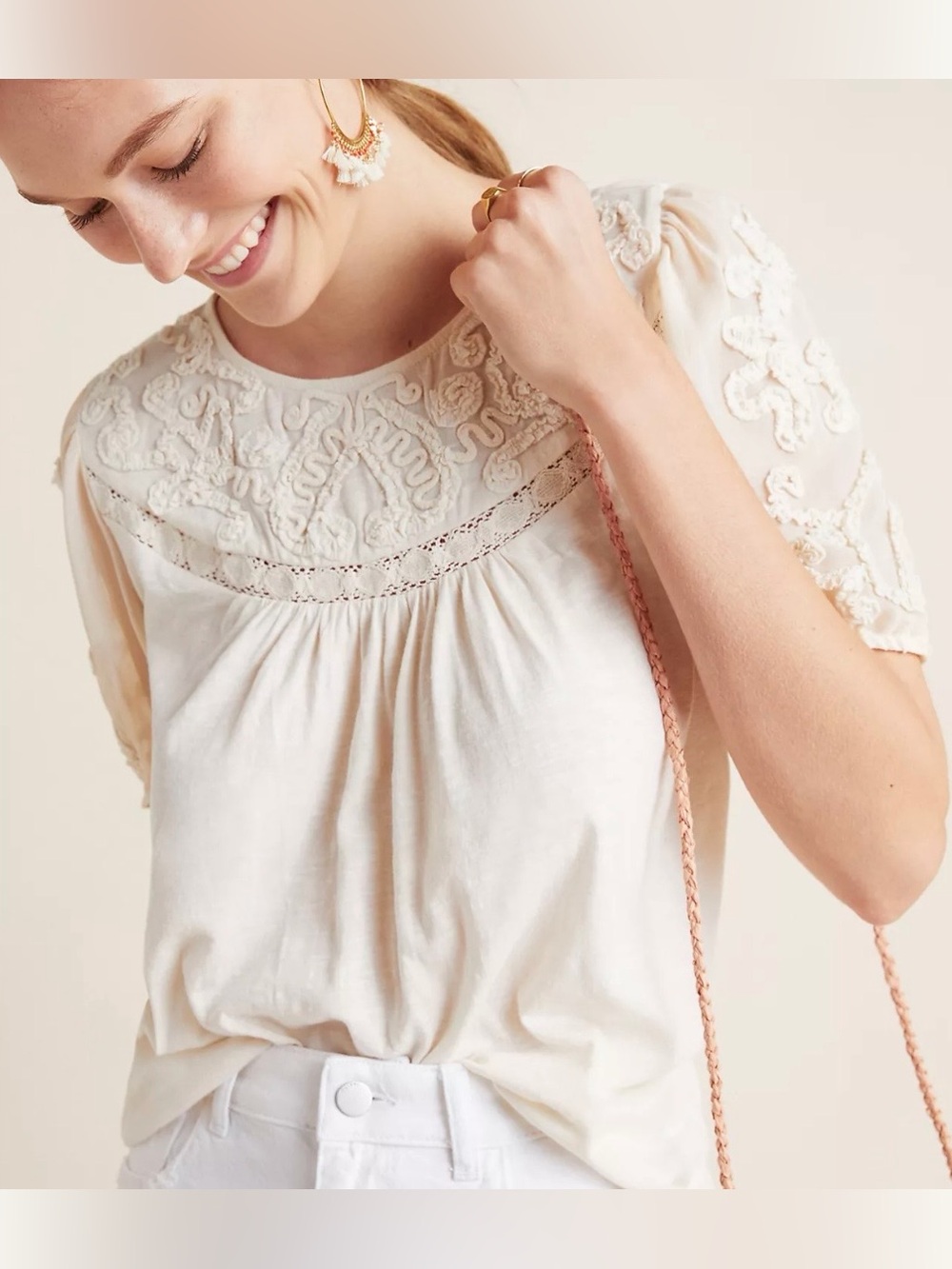 Anthropologie Embroidered Delilah Ivory Blouse in Small